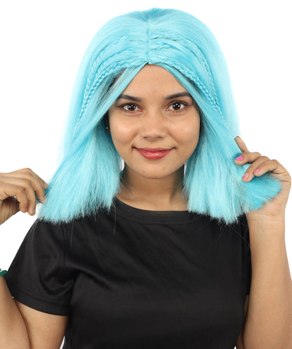 HPO Celebrity-Style 11 Inch Green Rooted Blonde Front Braided Straight Wig | Shoulder-Length Fun, Bold, and Stylish Hairpiece  | Ideal for Halloween, Cosplay, and Themed Parties