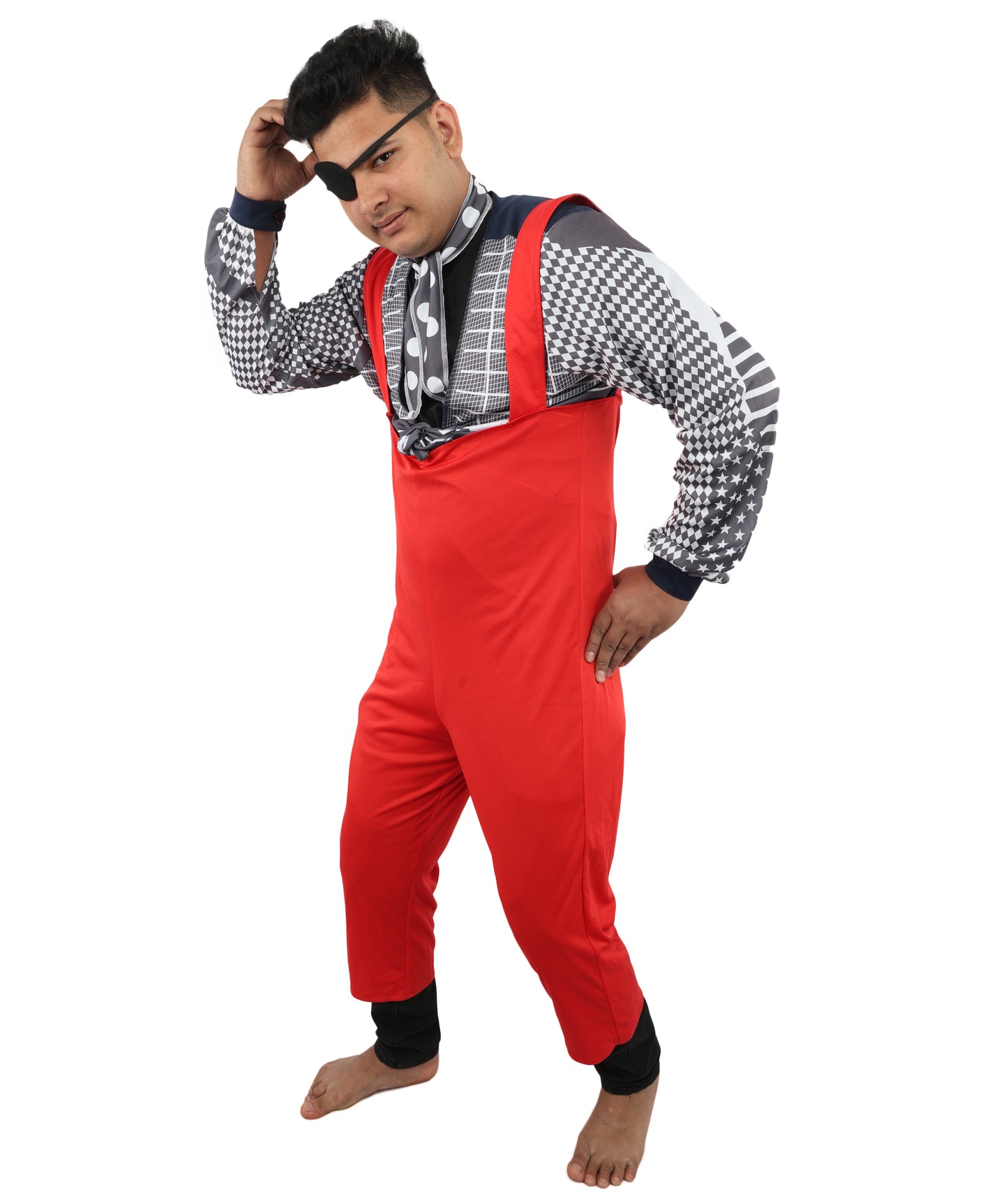 HPO Men's Retro Glam Rock Multicolor Costume | Red Overalls and Starry Shirt with Scarf and Eyepatch | Ideal for Halloween, Theater, Drag, and 70s Music Events