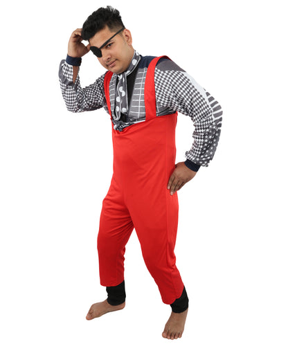 HPO Men's Retro Glam Rock Multicolor Costume | Red Overalls and Starry Shirt with Scarf and Eyepatch | Ideal for Halloween, Theater, Drag, and 70s Music Events