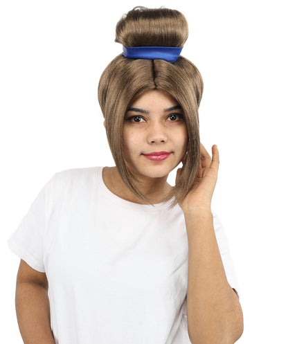 HPO Women’s Historical Tall Bun Wig with Blue Ribbon and Side Bangs | 12 Inch Synthetic Costume Hairpiece | Capless Cap Wig for Theater, Cosplay, Halloween Events