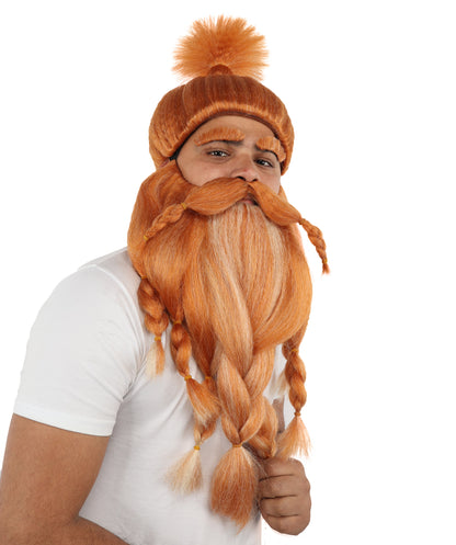 HPO Golden Brown Warrior Wig Beard Mustache Set with Eyeborws for Adults | Synthetic fiber Accessory Set with Capless Cap | Ideal for Halloween , Cosplay and any event
