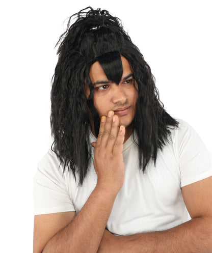 HPO Men's Heavy Metal Rockstar Black Wig | Dark wavy synthetic fibers with massive crimped volume and capless construction | Essential for theater performance drag Halloween costume events and party