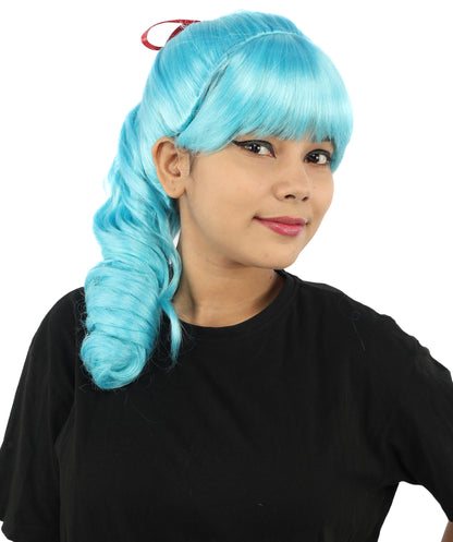 HPO Women's Spiral Ponytail Wig | Multicolor Options | High Updo with Red Ribbon Bow & Bangs, Heat Friendly Synthetic Fiber & Breathable Cap | Halloween, Christmas Event, Themed Party, Theater & Roleplay