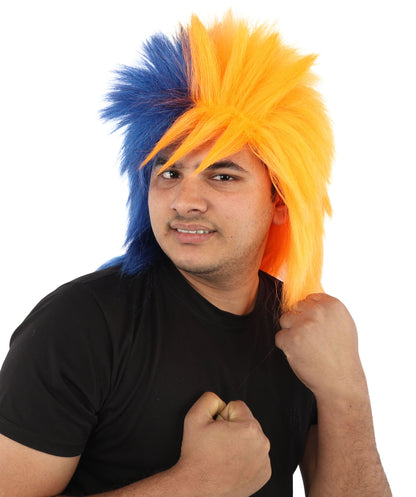 HPO Men's Navy Blue and Orange Sports Wig | Split Color Spiky Shag Style Flame-retardant Synthetic Fiber | Halloween Themed Party American Football Fan Gear