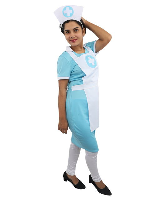 HPO Women's Scrub Nurse Blue & White Costume – Mock Apron and Matching Headpiece | Medical Theme Outfit for Fancy Dress & Halloween Parties