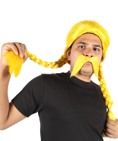 Voluminous Fashion Yellow Braided Pigtails Wig & Mustache | Bold Cartoon-Inspired Hairpiece for Halloween, Cosplay, Parties & Stage