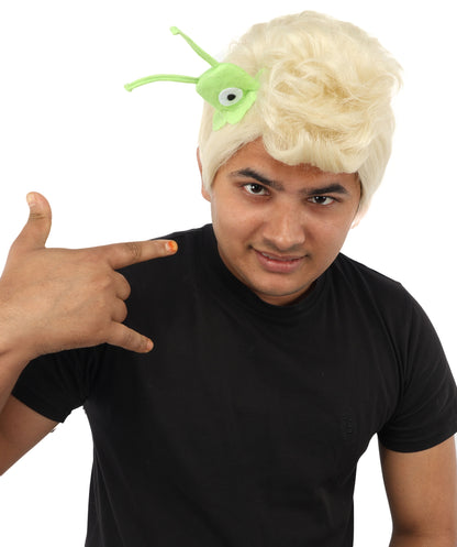 HPO Men's Brain Slug Orange Wig | Medium Spiked Synthetic Hair with Attached Green Alien Plush and Messy Texture | Sci-Fi Cosplay, Halloween, Cartoon Theme Party, and Funny Costume Accessories