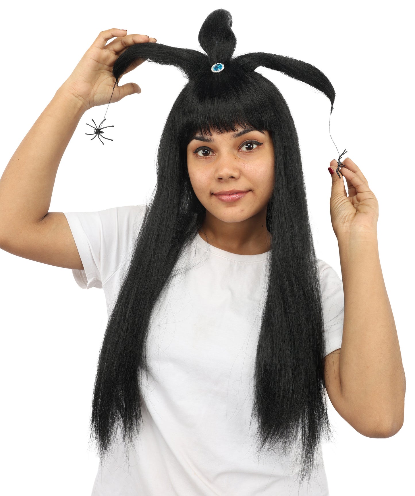 HPO Women's Spider Gothic Sculpted Wig | Monochromatic midnight black, create of synthetic fiber, architectural spider-leg loops with blunt bangs, breathable base | Party, Halloween, theater, drag, performance, costume events