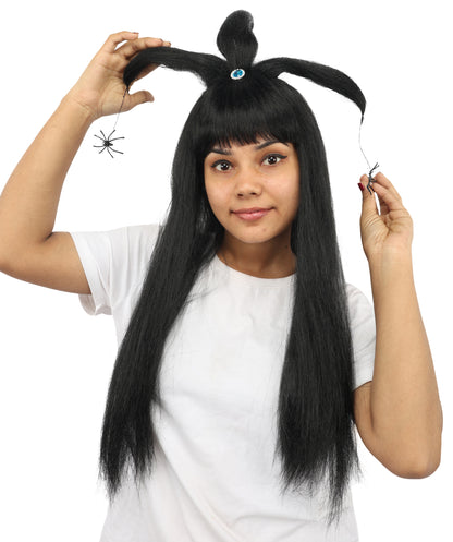 HPO Women's Spider Gothic Sculpted Wig | Monochromatic midnight black, create of synthetic fiber, architectural spider-leg loops with blunt bangs, breathable base | Party, Halloween, theater, drag, performance, costume events