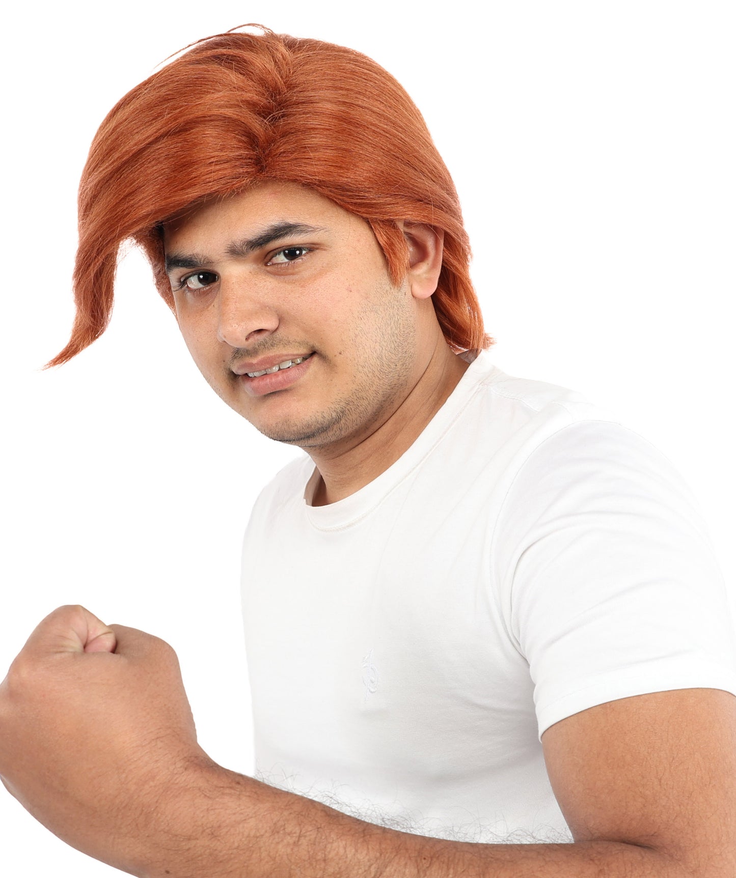 HPO Men’s Flame Radish Brown Short Wig with Side Fringe – 11” Auburn Synthetic Hair | Lightweight Capless Wig for Halloween, Cosplay, Stage & Dress-Up Events