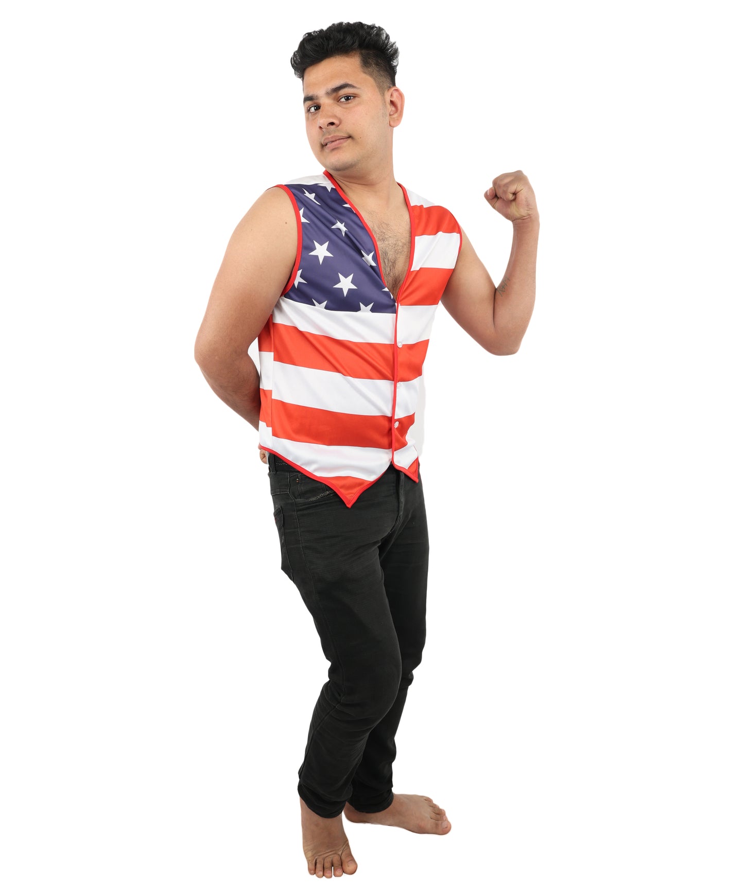 HPO Men's American Pride Waistcoat Costume | Sleeveless V-Neck Top Featuring USA Symbolism | Versatile for Stage Shows, Parades, and Election Parties
