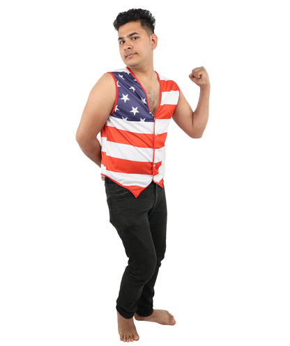 HPO Men's American Pride Waistcoat Costume | Sleeveless V-Neck Top Featuring USA Symbolism | Versatile for Stage Shows, Parades, and Election Parties