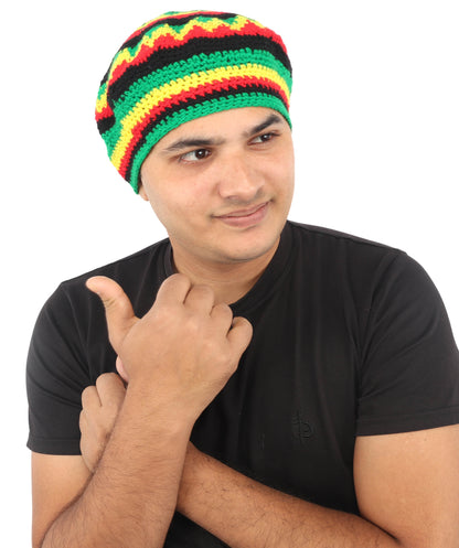 HPO Red Yellow Green Striped Rasta Beanie Hat Rainbow Knit Cap - Knitted Rainbow Headwear with Black Accents Rounded Relaxed Fit for Halloween Cosplay Parties & Events