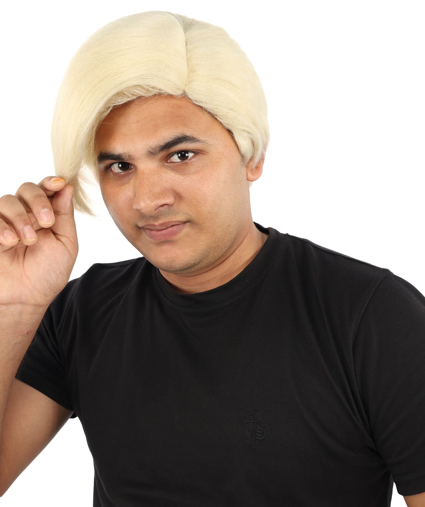 HPO Adult Men's Short Black Side Swept Wig | Thick Layered Bangs with Natural Texture,  Adjustable Cap | Halloween, Themed Party, Stage Performance & Roleplay