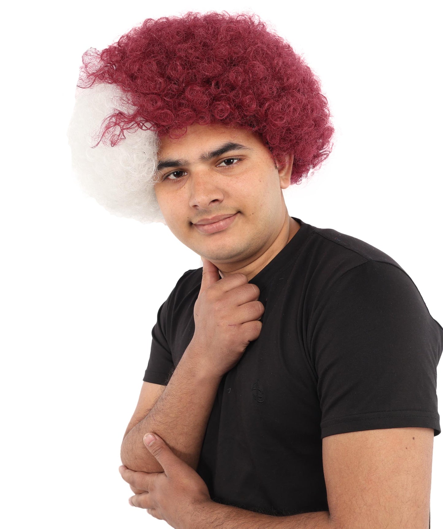 HPO Unisex Qatar Flag-Inspired Curly Maroon & White Sport Clown Wig – Voluminous Curl with Standard Cap | National Colors for Sports, Festivals & Cosplay