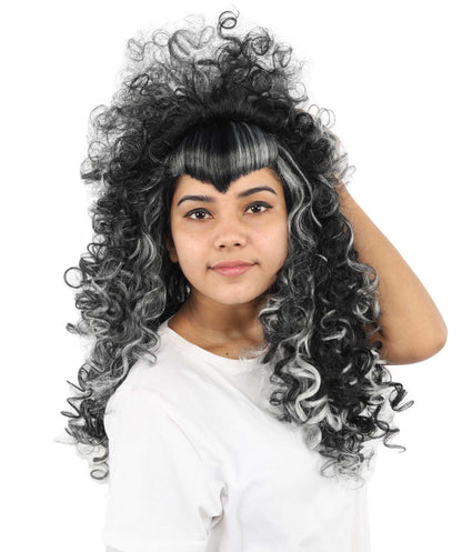 HPO Women's Vampire Mistress Curly Wig | Long Layered Black Hair with White Highlights and Teased Roots | Classic Horror Cosplay and Theme Parties
