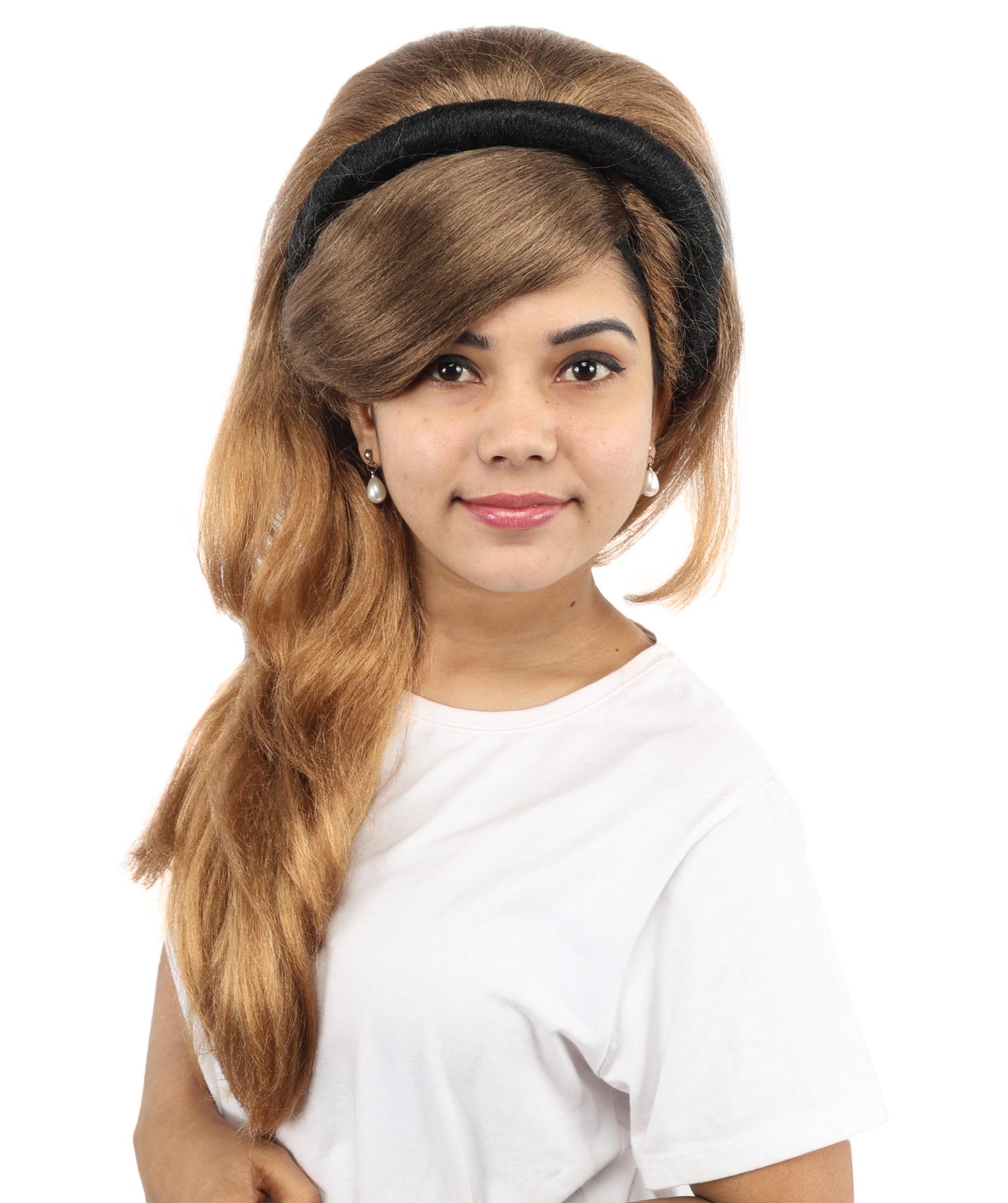 HPO Women's Retro Headband Long Multicolor Wig | 24 Inch Voluminous Honey Brown Swept Bangs | Party Halloween Cosplay Theater Pop Star Costume Events