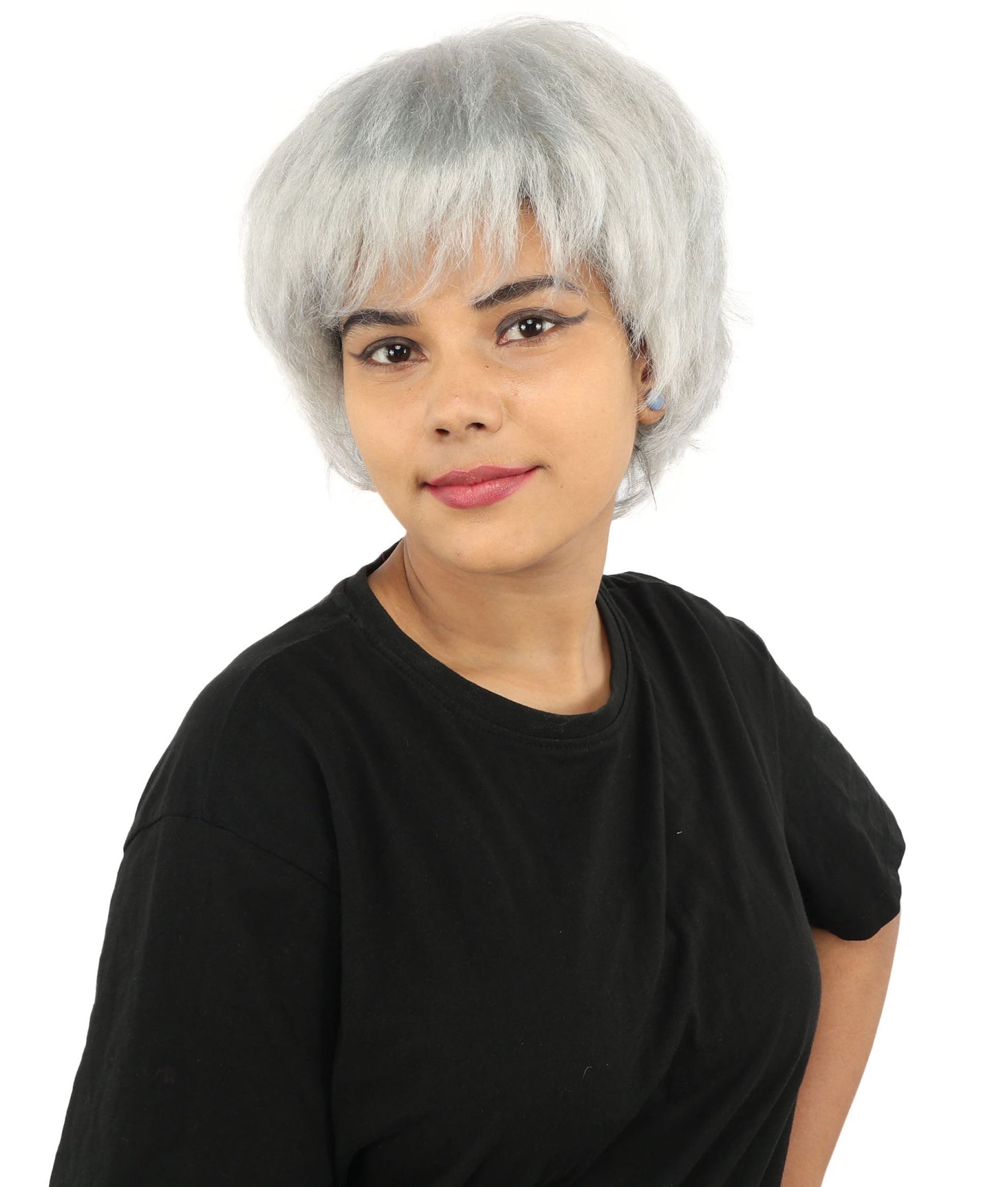 HPO Adult Women's Short Silver White Pixie Wig  | Edgy Layered Cut with Bangs | Synthetic Hair Wig for Stage Fashion, Cosplay, Halloween & Bold Party Looks