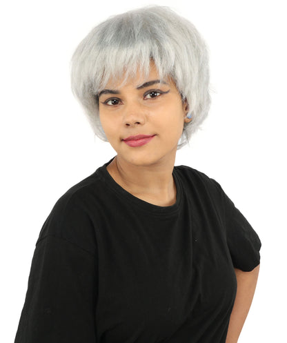 HPO Adult Women's Short Silver White Pixie Wig  | Edgy Layered Cut with Bangs | Synthetic Hair Wig for Stage Fashion, Cosplay, Halloween & Bold Party Looks