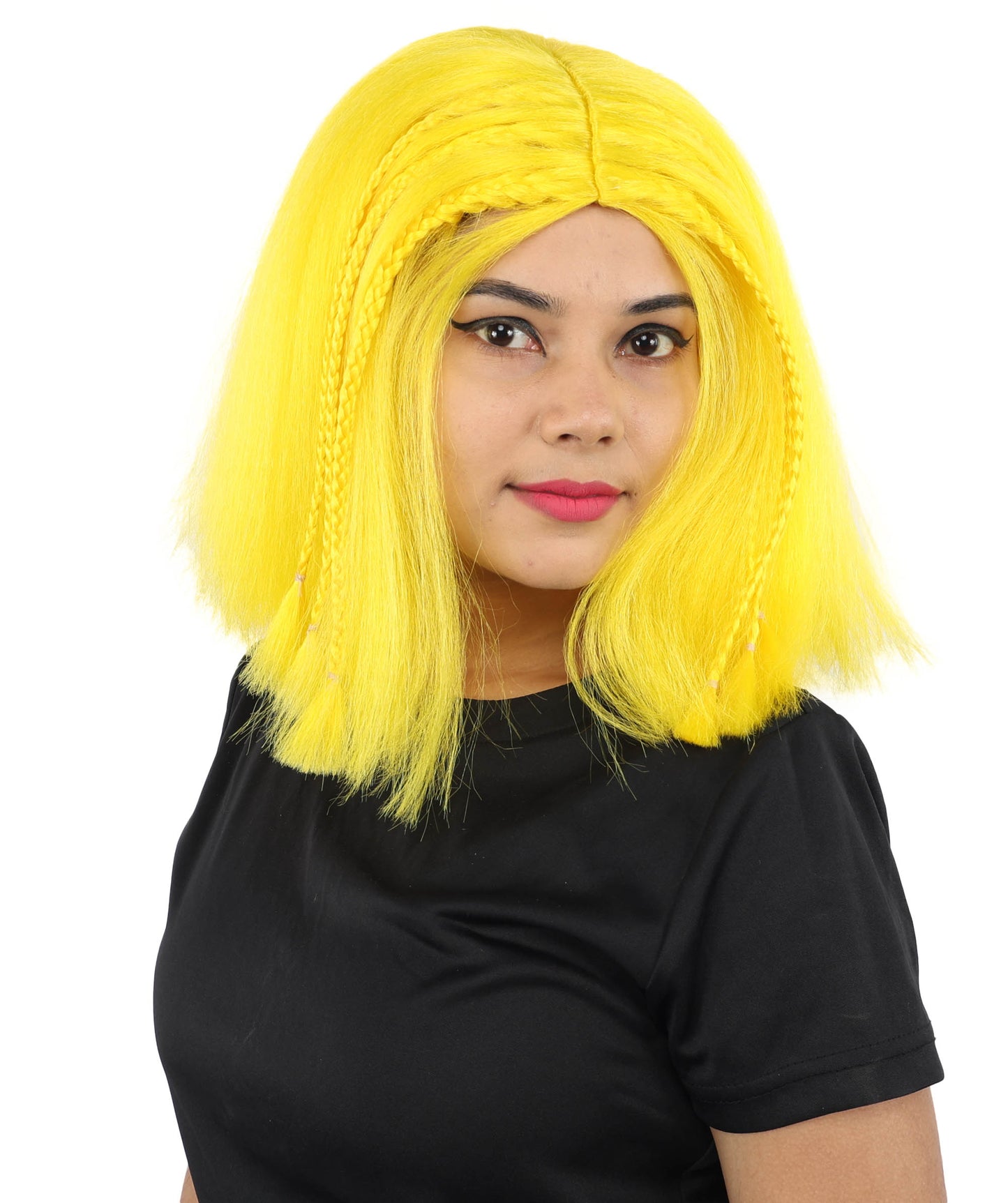 HPO Celebrity-Style 11 Inch Green Rooted Blonde Front Braided Straight Wig | Shoulder-Length Fun, Bold, and Stylish Hairpiece  | Ideal for Halloween, Cosplay, and Themed Parties