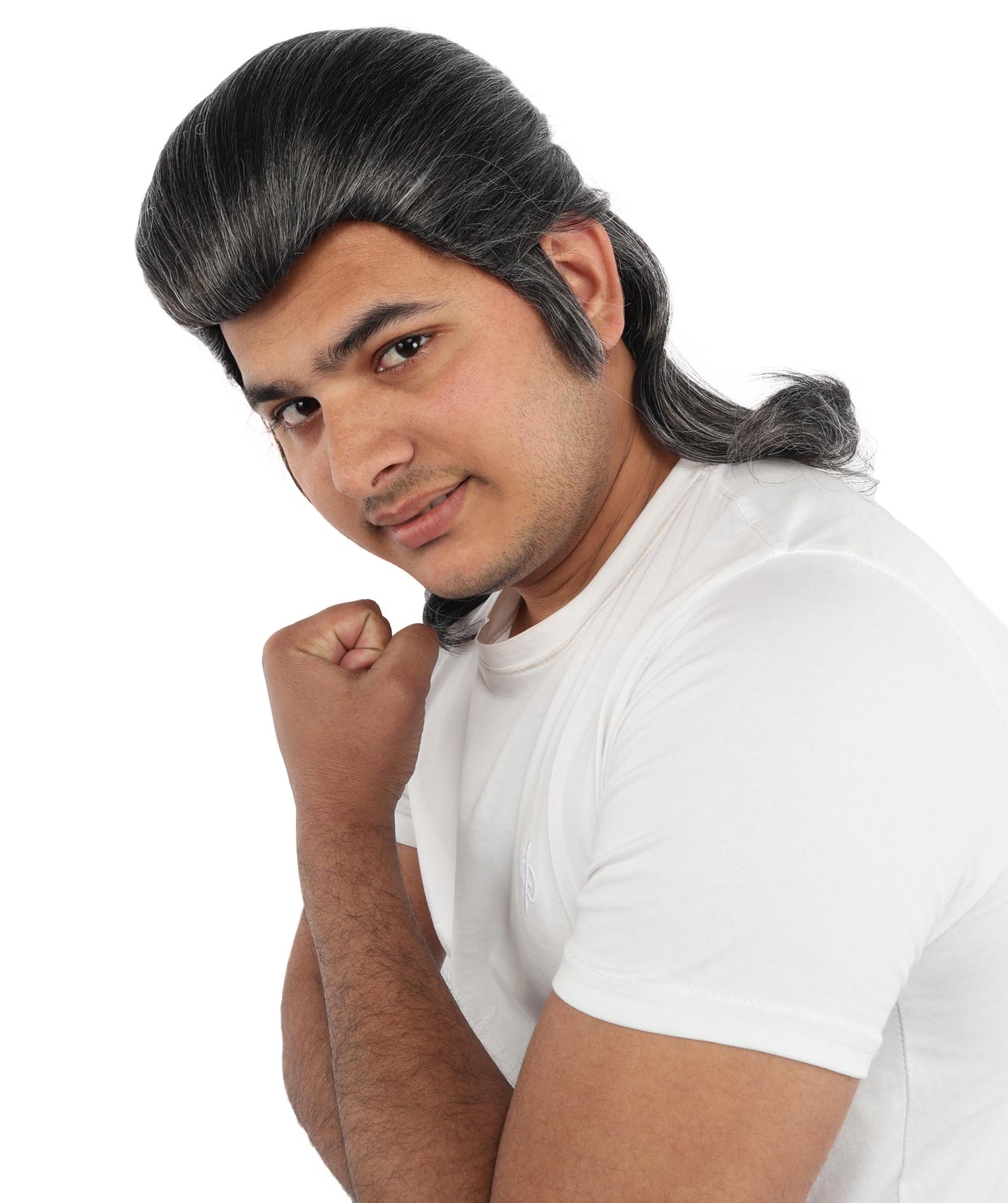 HPO Men's Samurai Warrior Wig | 15 Inch Grey & White Mixed Swept Back Texture Half Ponytail Style | Party Halloween Cosplay Theater Drag Performance Costume Events