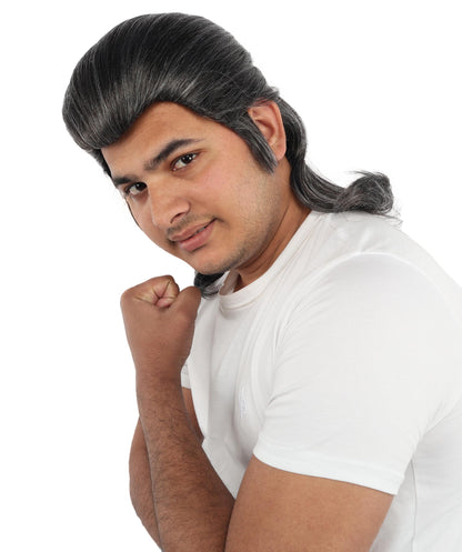 HPO Men's Samurai Warrior Wig | 15 Inch Grey & White Mixed Swept Back Texture Half Ponytail Style | Party Halloween Cosplay Theater Drag Performance Costume Events