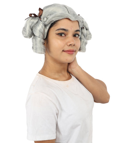 HPO Women's Golden White Mixed Curly Pigtail Wig | Messy Ringlet Twin Tails with Attached Fabric Ribbons, Synthetic Fiber & Breathable Cap | Halloween, Movie Character Roleplay, Costume Party & Theater