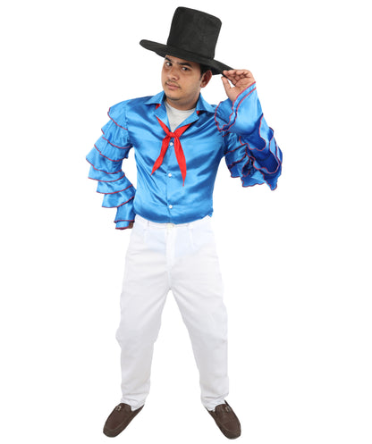HPO Men's Rhythmic Multicolor Uniform Costume | Tiered Ruffle Satin Sleeves with Contrast Neck Tie and White Trousers | Ideal for Cosplay, Halloween, Drag, and Latin Dance Performance Events