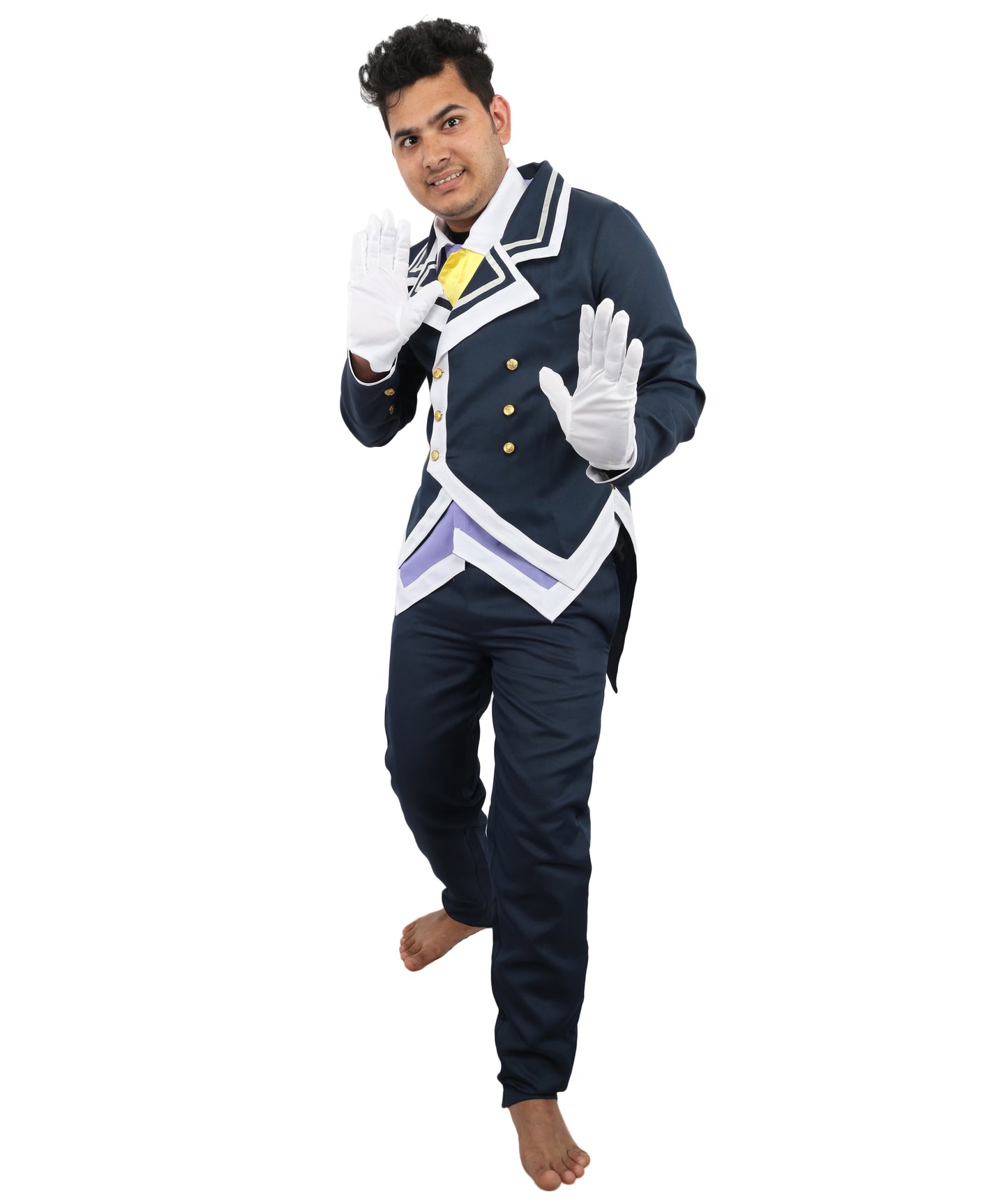 HPO Men's Noble Demon Duke Cosplay Navy Blue & White Suit | Includes Coat Pants Mock-Up Shirt Gloves | Crafted from Flame-retardant Synthetic Fabric | Adjustable Straps for Secure Fit