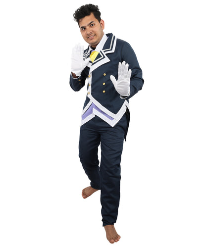 HPO Men's Noble Demon Duke Cosplay Navy Blue & White Suit | Includes Coat Pants Mock-Up Shirt Gloves | Crafted from Flame-retardant Synthetic Fabric | Adjustable Straps for Secure Fit