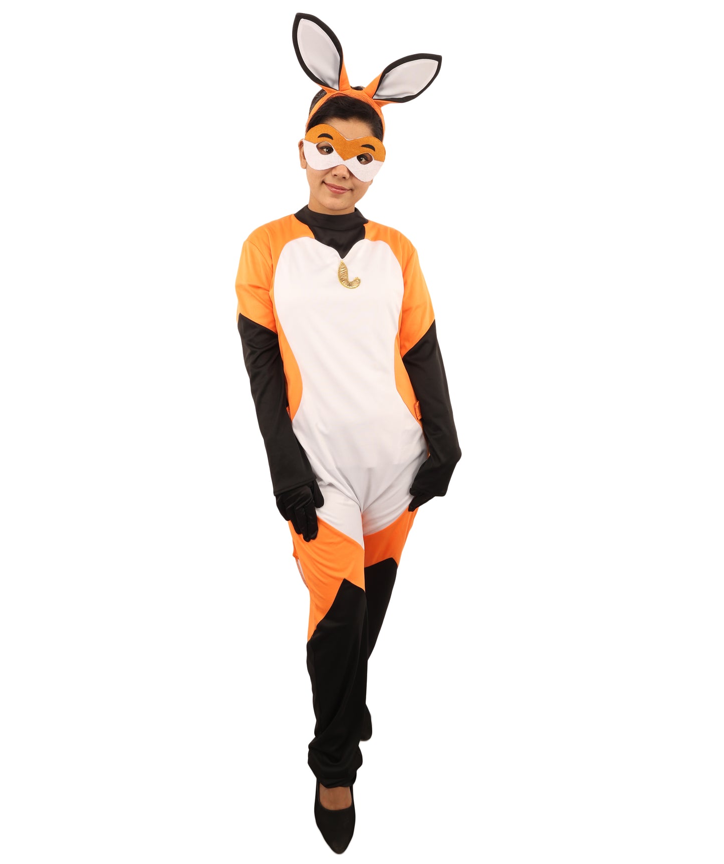 HPO Women's Clever Fox Heroine Costume | Orange White and Black Synthetic Febric Bodysuit with Attached Tail and Mask | Idal for Halloween, Cosplay, Drag, and Themed Events