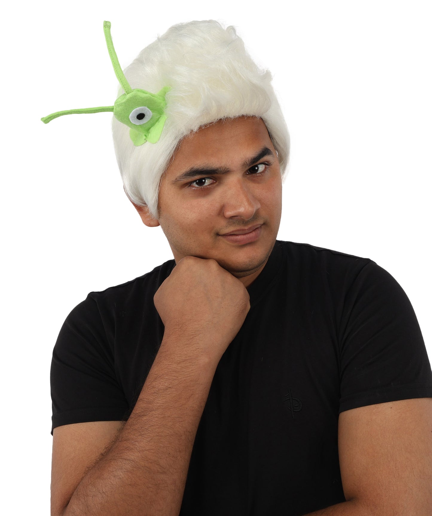 HPO Men's Brain Slug Orange Wig | Medium Spiked Synthetic Hair with Attached Green Alien Plush and Messy Texture | Sci-Fi Cosplay, Halloween, Cartoon Theme Party, and Funny Costume Accessories