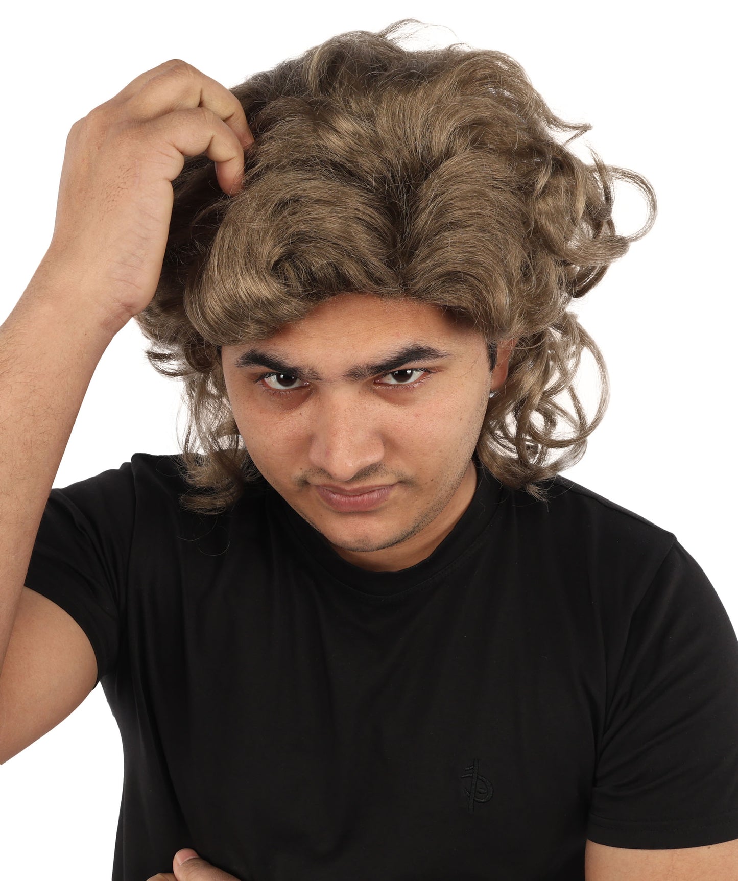 HPO Men’s 80s Light Brown Curly Mullet Wig | Flame-retardant Synthetic Fiber | Retro Movie Character Inspired Hairpiece for Cosplay & Halloween