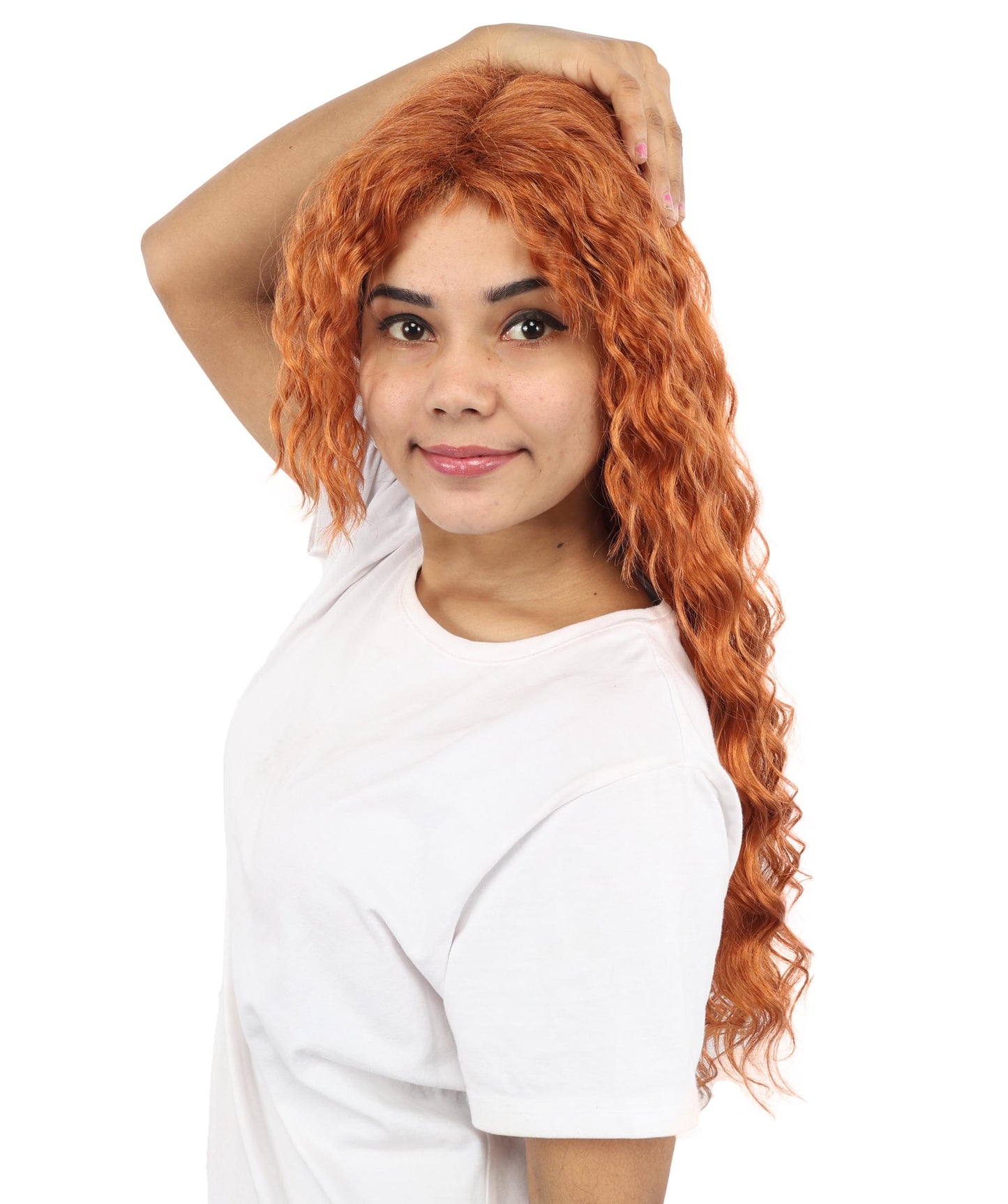 HPO Women's Long Deep Wave Wig | 28 Inch Copper Red Crimped Texture Synthetic Fiber | Party Halloween Cosplay Theater Drag Performance Costume Events