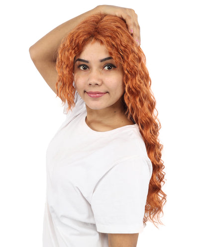 HPO Women's Long Deep Wave Wig | 28 Inch Copper Red Crimped Texture Synthetic Fiber | Party Halloween Cosplay Theater Drag Performance Costume Events
