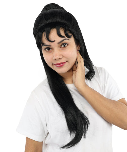 HPO Women’s 24” Long Black Wig | Elegant Half-Up Curly Bangs Wig for Historical, Mythical, or Theatrical Roles | Capless Cap Design