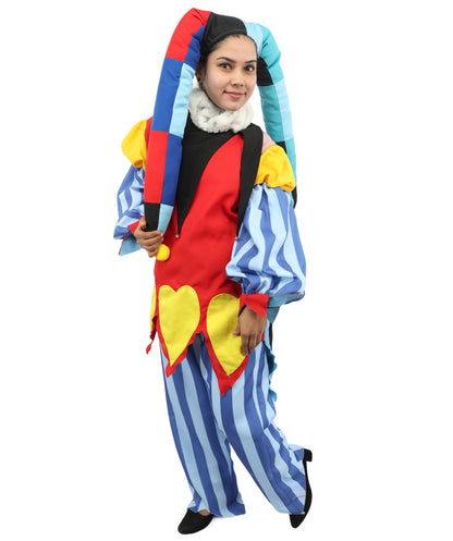 HPO Women's Harlequin Jester Costume | Multi-Pattern Ronior and Uniform Fabric Construction with Horned Cap and Drawcord | Ideal for Halloween, Drag, Theater, and Themed Performance Events