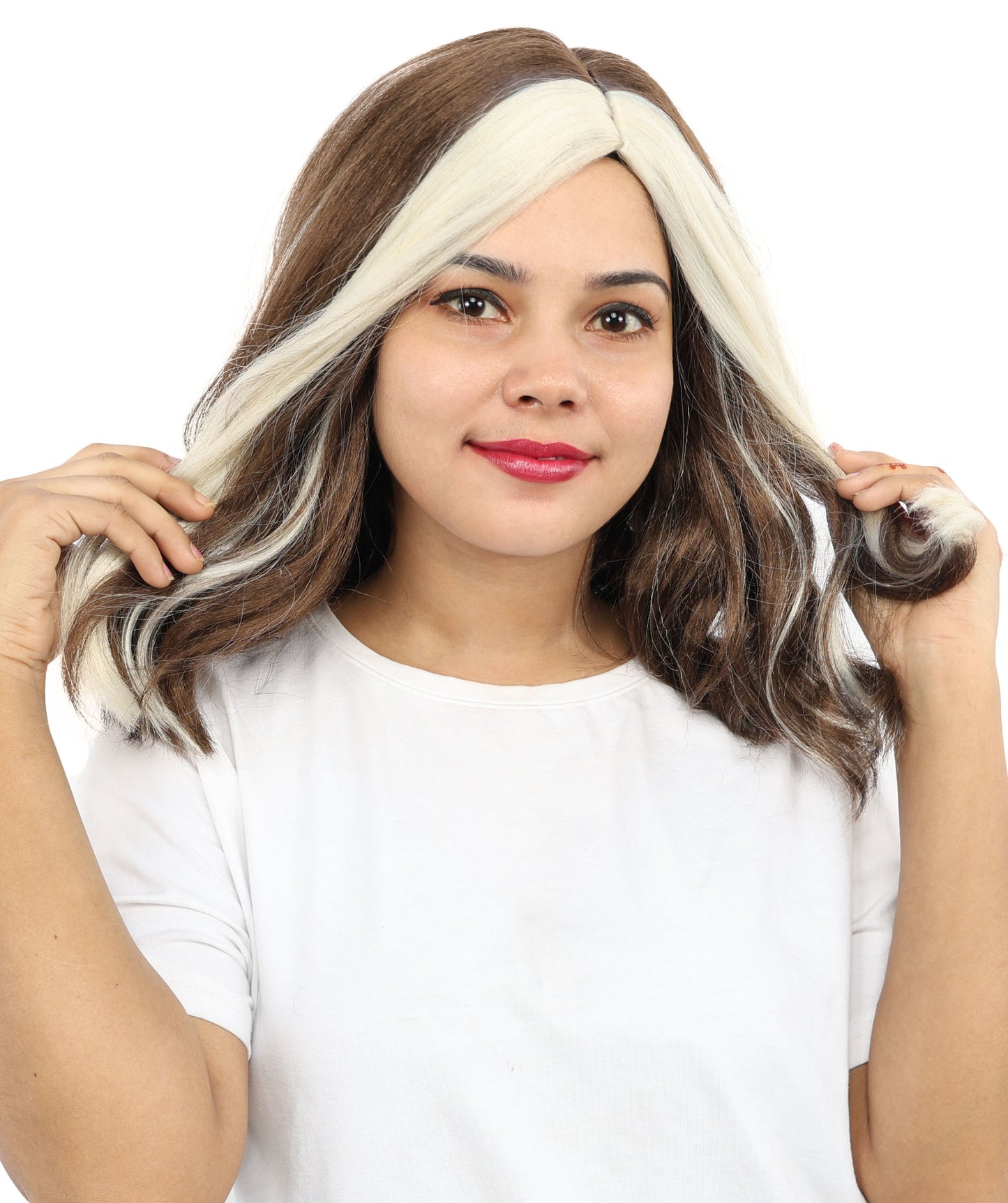 HPO Women’s Brown and White Bang Wig Front Streak | Mid-Length Executive Style | Ideal for Costume Parties, Cosplay, & Halloween Performances