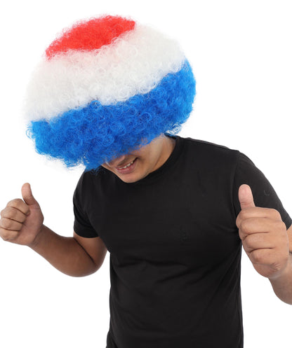 HPO  Tricolor Afro Style Netherlands Flag Wig | Flame-retardant Synthetic Fiber with Capless Construction | Ideal for Party, Halloween, Cosplay, Theater, Drag, Performance, Costume Events