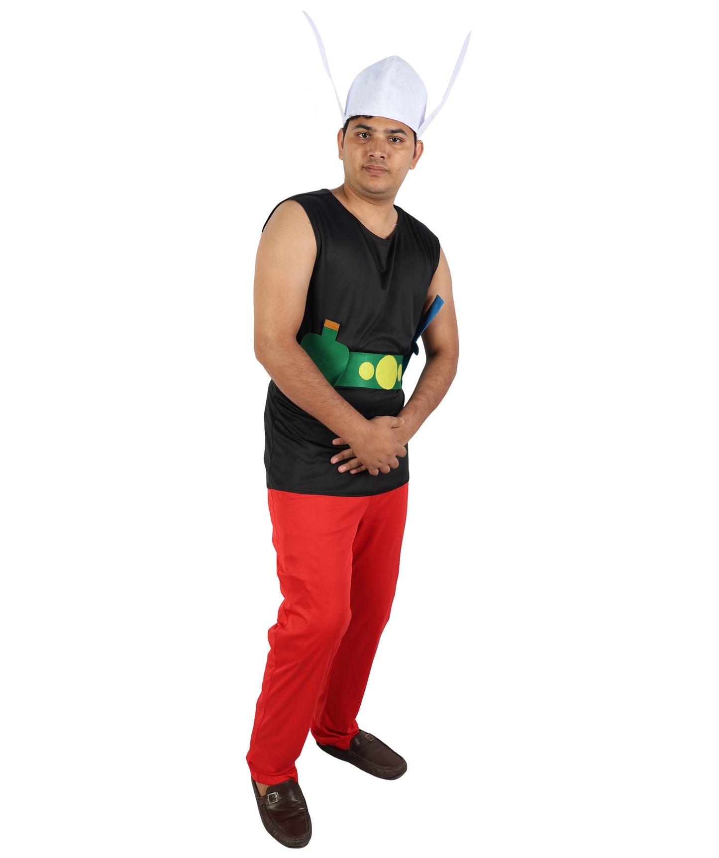 HPO Men's Gaulish Warrior Multicolor Costume | Sleeveless Black Vest Top Bright Red Trousers Winged Helmet Novelty | Halloween Cosplay Theater Drag Performance Costume Events