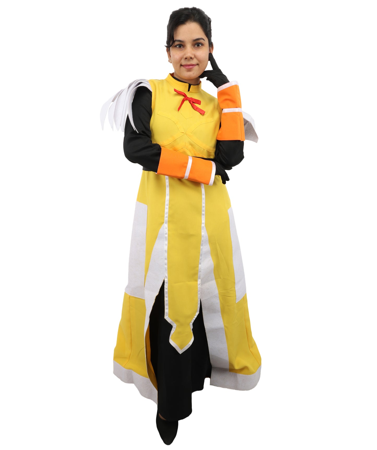 HPO Fantasy Warrior Dress Suit | Yellow and black uniform nw construction featuring a main body dress, hand gloves, and structured belt | Ideal for party, Halloween, cosplay, theater, drag, performance, costume events