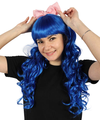 HPO Women's American Singer Medium Length Blue Wavy Pink Bow Wig | Halloween Wig | Flame-retardant Synthetic Fiber