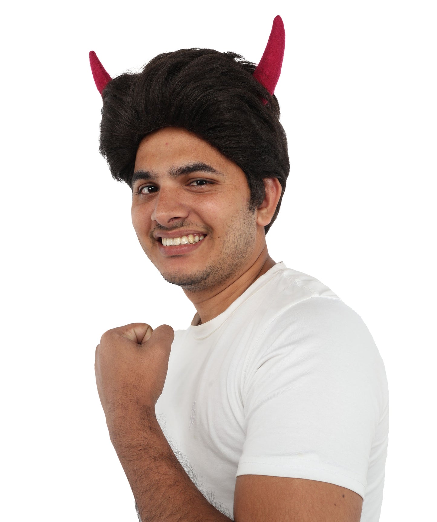 HPO Adult Men's Fantasy Demon Cosplay Wig with Horns | Spiky Dark Brown Synthetic Hairpiece | Adjustable Cap for Halloween, Parties, Stage & Roleplay