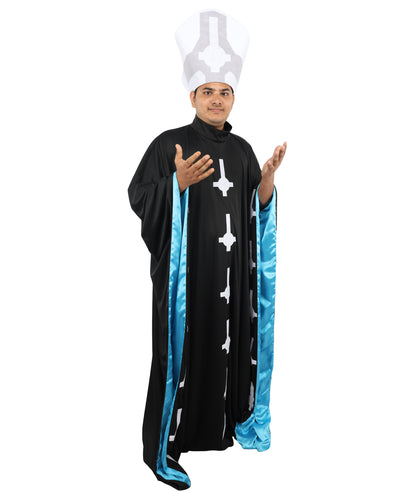 HPO Men's Satanic Pope Costume | Ghostly Grim Clergy Black Robe Teal Satin Lining Inverted Cross Mitre Hat | Halloween Dark Metal Rock Cosplay Stage Performance Wardrobe Piece