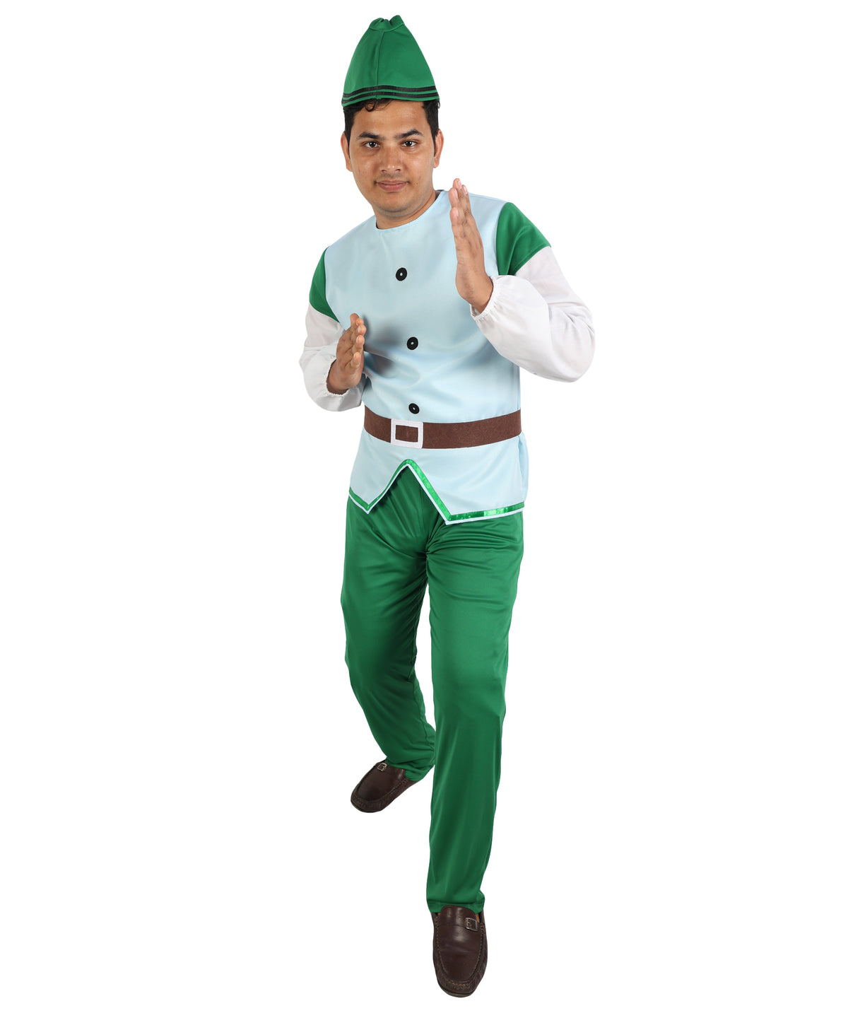 HPO  Men's Fairytale Dwarf Costume | Woodland Gnome Light Blue Vest Top Green Pants Set Pointed Hat Fake Beard | Halloween Cosplay Theater Drag Performance Costume Events
