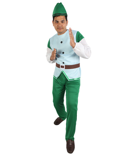 HPO  Men's Fairytale Dwarf Costume | Woodland Gnome Light Blue Vest Top Green Pants Set Pointed Hat Fake Beard | Halloween Cosplay Theater Drag Performance Costume Events