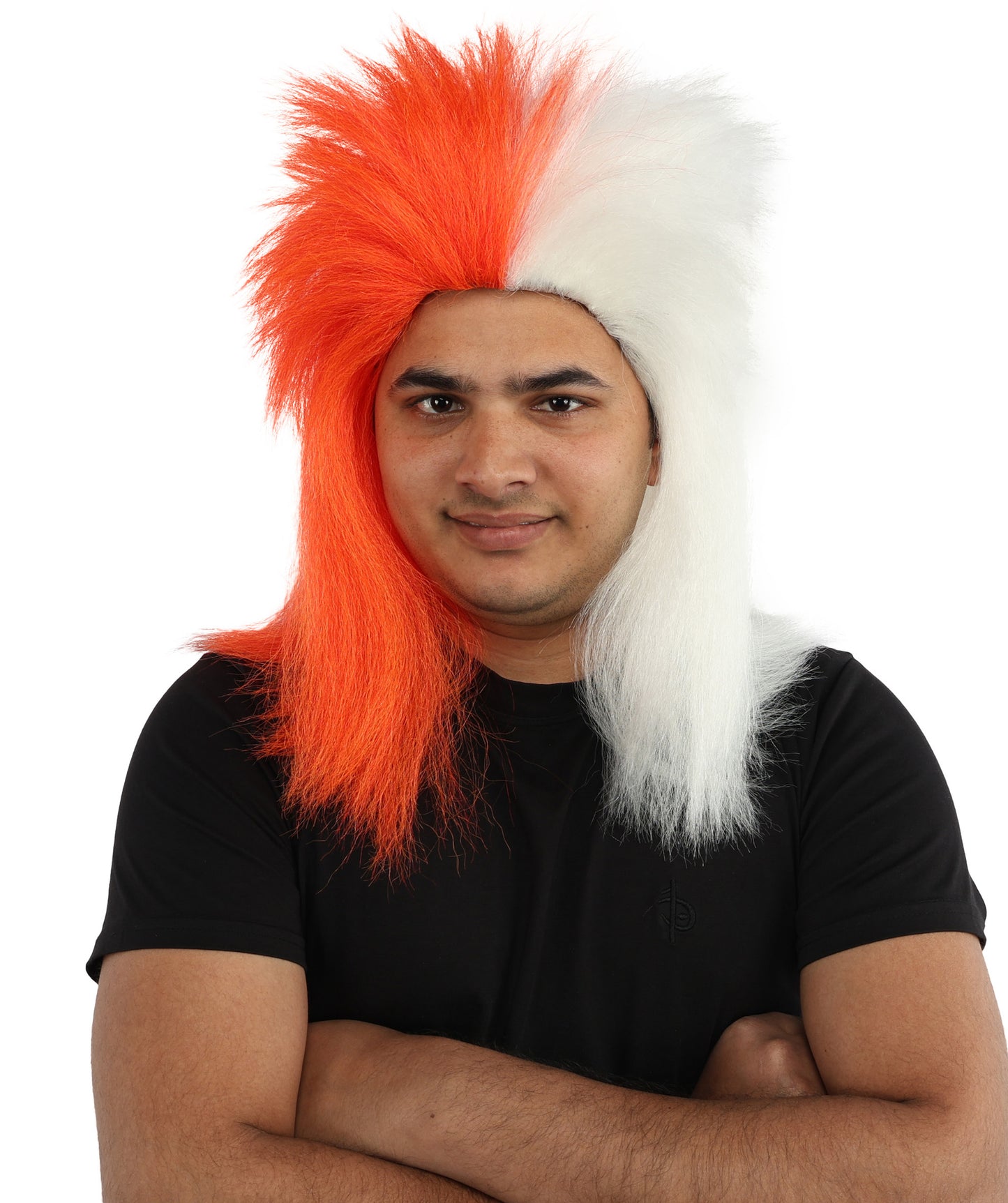 HPO Men’s Red & White Mohawk Wig | Flame-Resistant Fan Hair for Sports Events, Team Spirit Parties, Festivals & National Celebrations | Breathable Capless Cap
