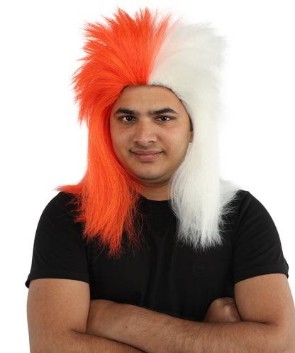 HPO Men’s Red & White Mohawk Wig | Flame-Resistant Fan Hair for Sports Events, Team Spirit Parties, Festivals & National Celebrations | Breathable Capless Cap
