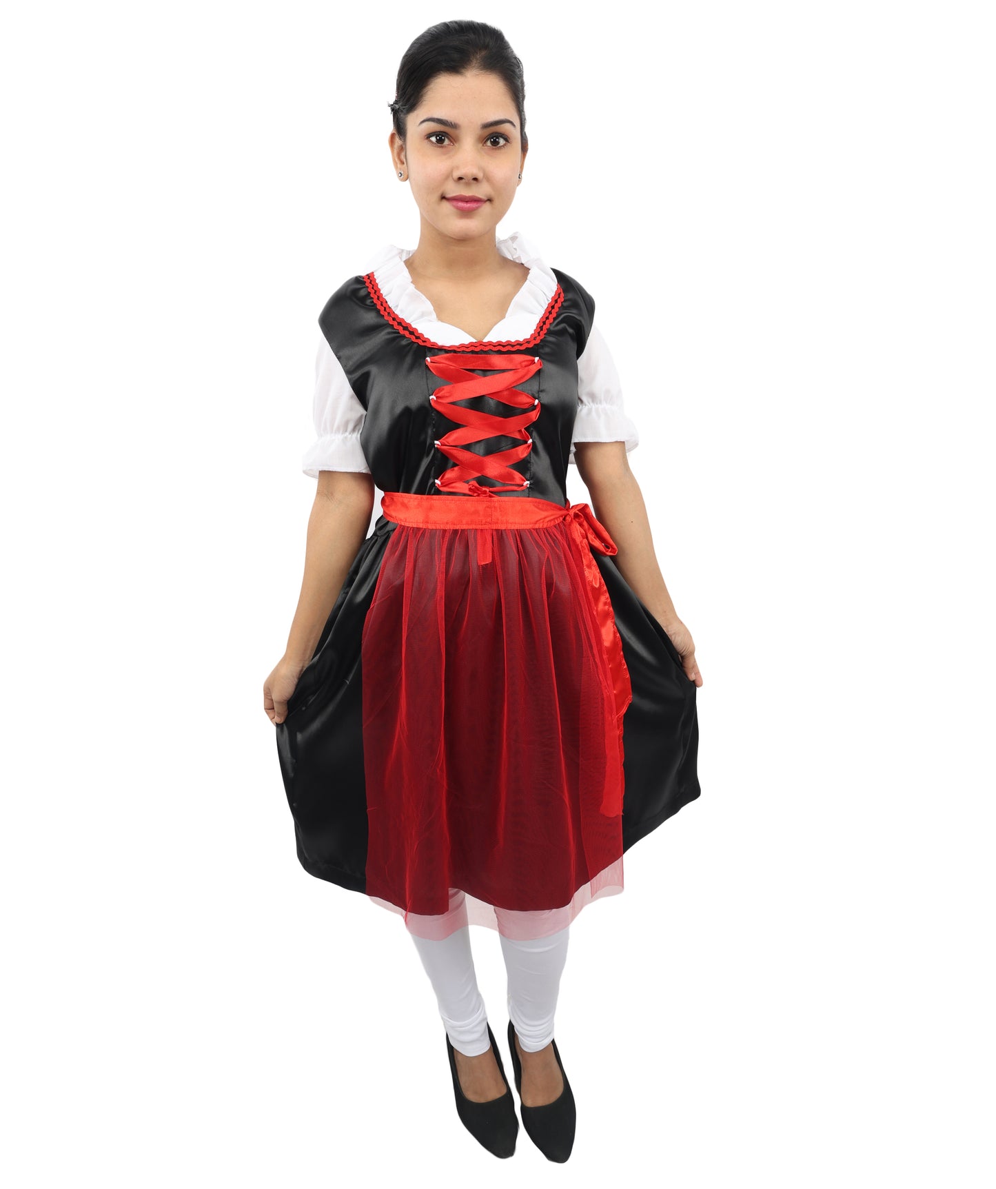HPO Women’s Black & Red Traditional German Oktoberfest Costume – Classic Dirndl Dress