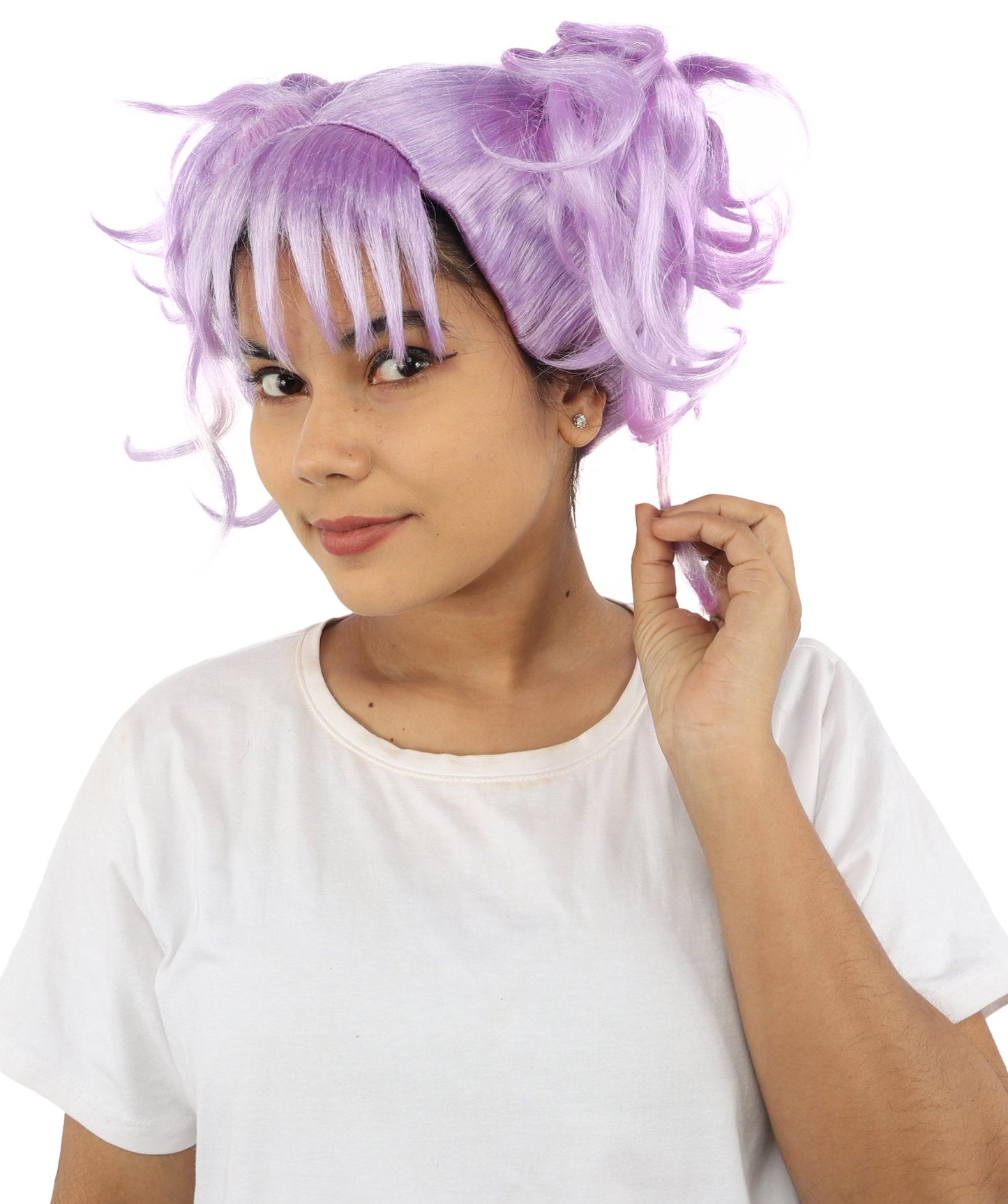 HPO Adult Women’s Messy Twin Bun Wig with Graphic Bangs | Multiple Color Options | Edgy Wig for Cosplay, Fashion Events, Halloween & Stage Wear | Adjustable Cap, Lightweight Synthetic Fiber